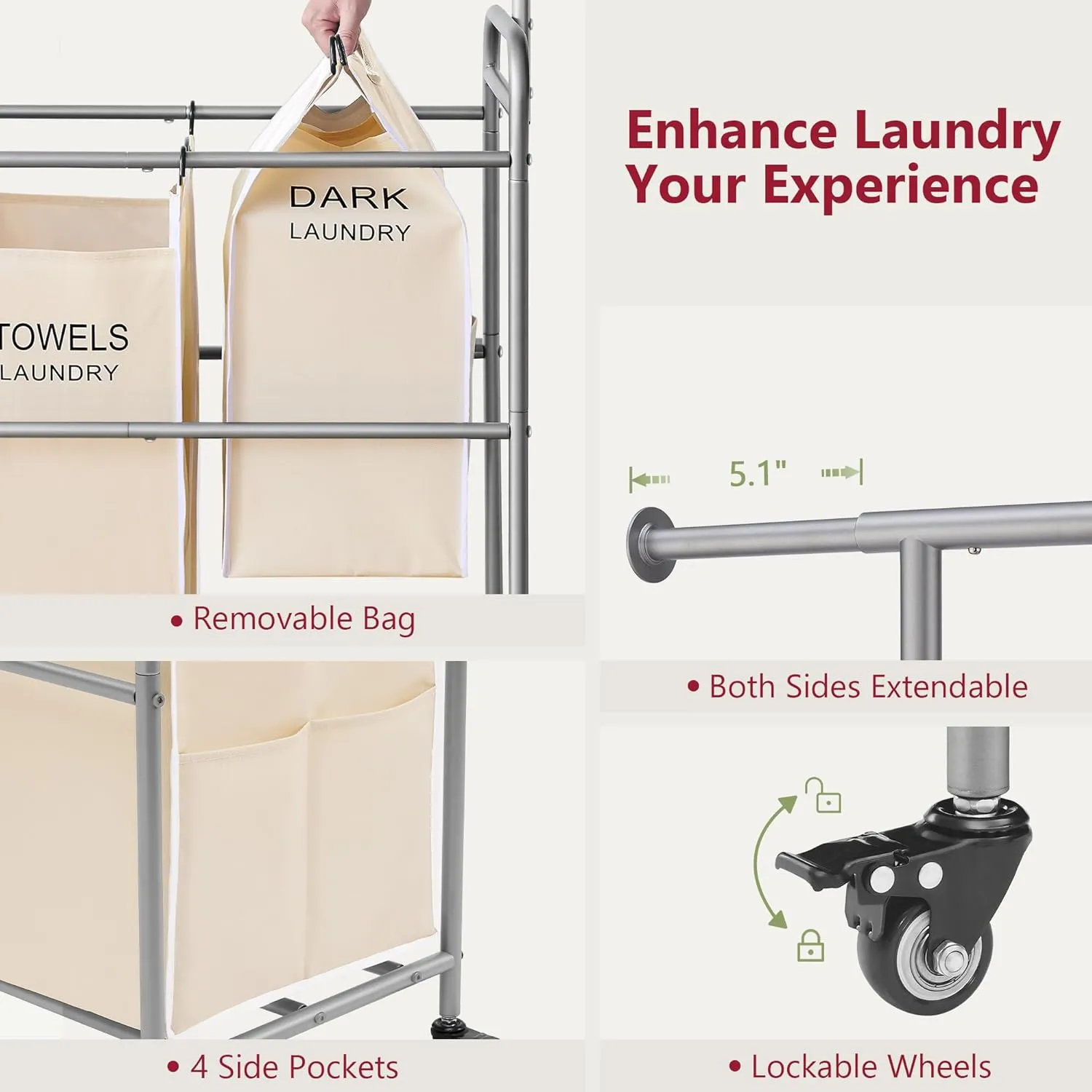 Tajsoon Laundry Hamper with Hanging Rack, Laundry Sorter 4 Sections, Laundry Basket Butler with Lockable Wheels and Removable Bag, Rolling Laundry Cart for Laundry & Bedroom, Beige