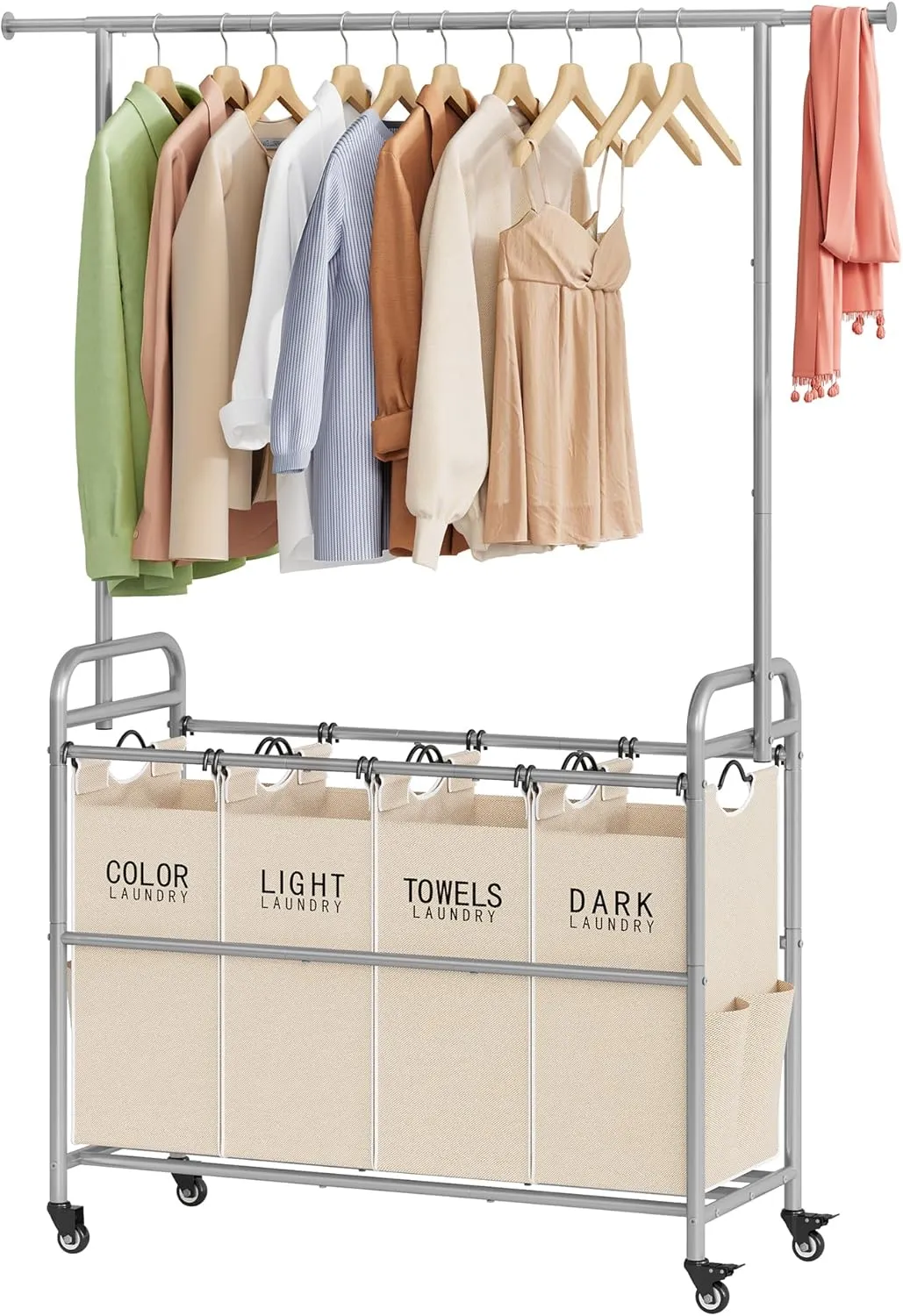Tajsoon Laundry Hamper with Hanging Rack, Laundry Sorter 4 Sections, Laundry Basket Butler with Lockable Wheels and Removable Bag, Rolling Laundry Cart for Laundry & Bedroom, Beige
