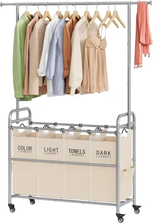 Tajsoon Laundry Hamper with Hanging Rack, Laundry Sorter 4 Sections, Laundry Basket Butler with Lockable Wheels and Removable Bag, Rolling Laundry Cart for Laundry & Bedroom, Beige
