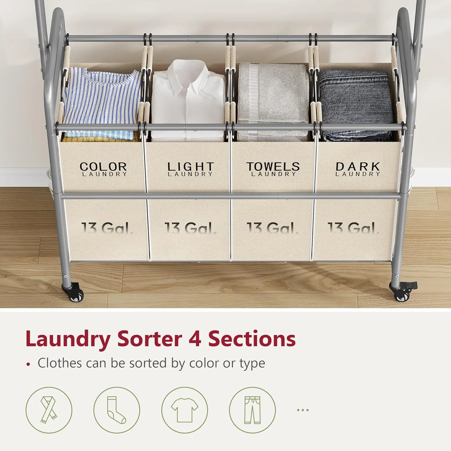 Tajsoon Laundry Hamper with Hanging Rack, Laundry Sorter 4 Sections, Laundry Basket Butler with Lockable Wheels and Removable Bag, Rolling Laundry Cart for Laundry & Bedroom, Beige