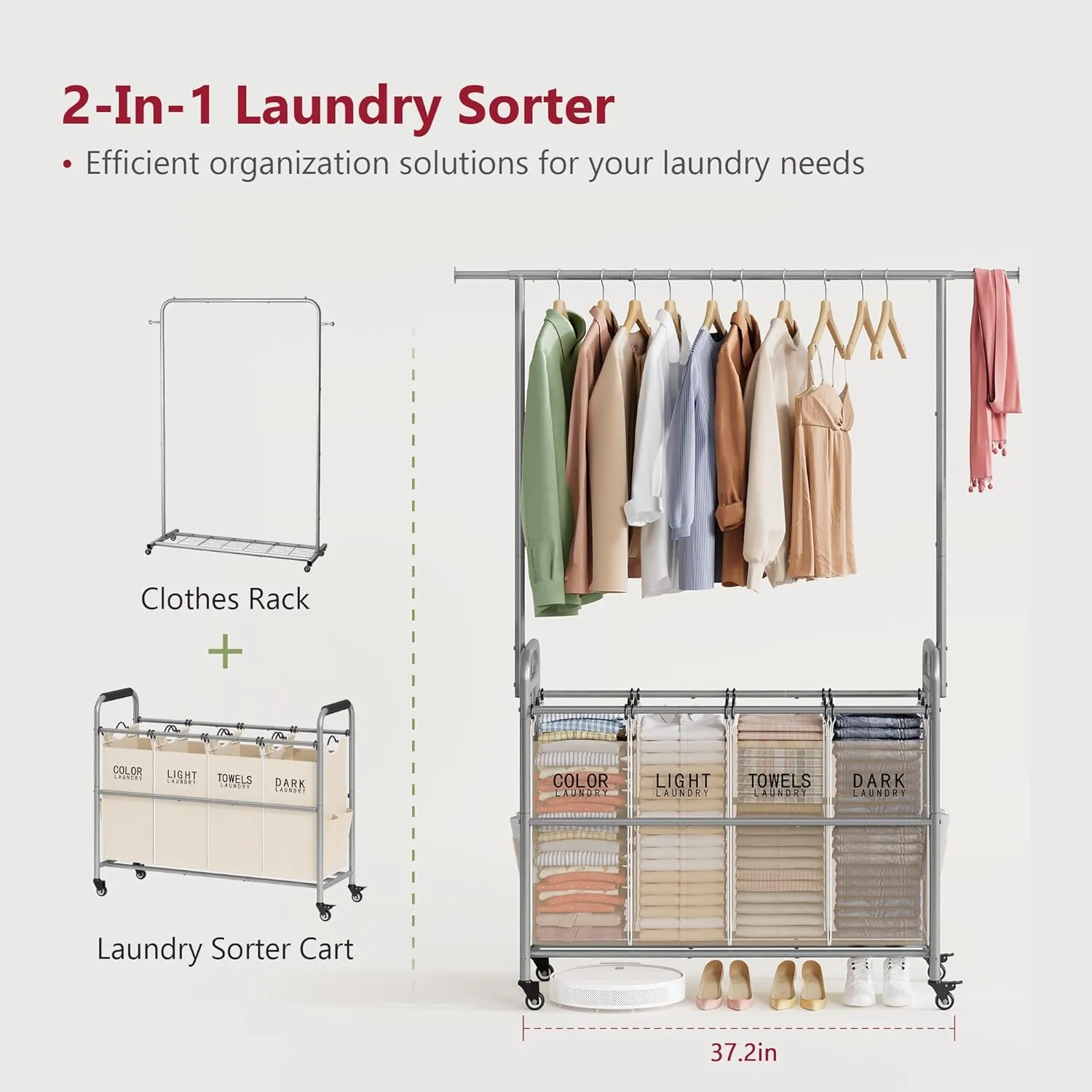 Tajsoon Laundry Hamper with Hanging Rack, Laundry Sorter 4 Sections, Laundry Basket Butler with Lockable Wheels and Removable Bag, Rolling Laundry Cart for Laundry & Bedroom, Beige