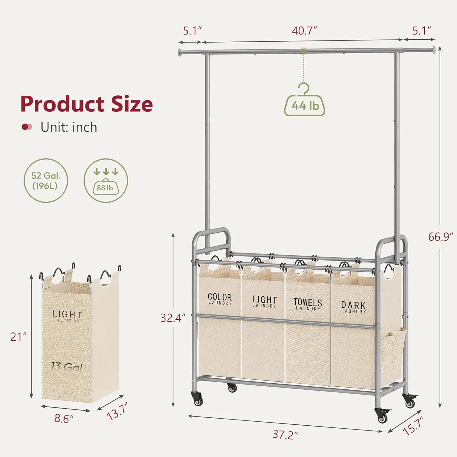 Tajsoon Laundry Hamper with Hanging Rack, Laundry Sorter 4 Sections, Laundry Basket Butler with Lockable Wheels and Removable Bag, Rolling Laundry Cart for Laundry & Bedroom, Beige