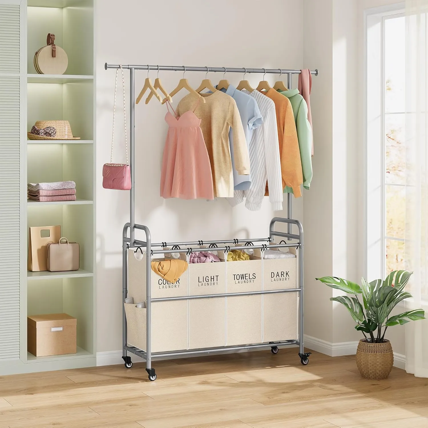 Tajsoon Laundry Hamper with Hanging Rack, Laundry Sorter 4 Sections, Laundry Basket Butler with Lockable Wheels and Removable Bag, Rolling Laundry Cart for Laundry & Bedroom, Beige