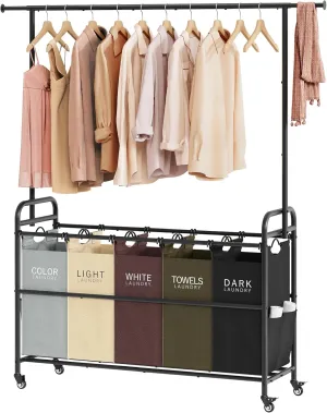 Tajsoon Laundry Sorter Cart with Hanging Rack, 5 Section Laundry Hamper, 246L (65 Gal.) Laundry Basket with Wheels, Removable Hamper Organizer for Dirty Clothes Bathroom Cloakroom, 5 Colors