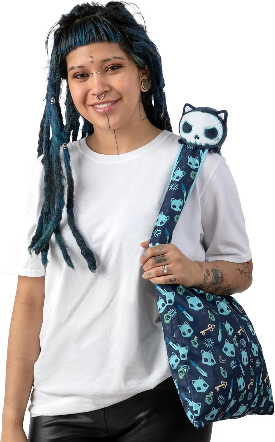TeeTurtle - Plushie Tote Bag - Dark Blue Skull Cat - from The Creators of The Original Reversible Octopus Plushie - Take Your Plush Pal Wherever You Go!