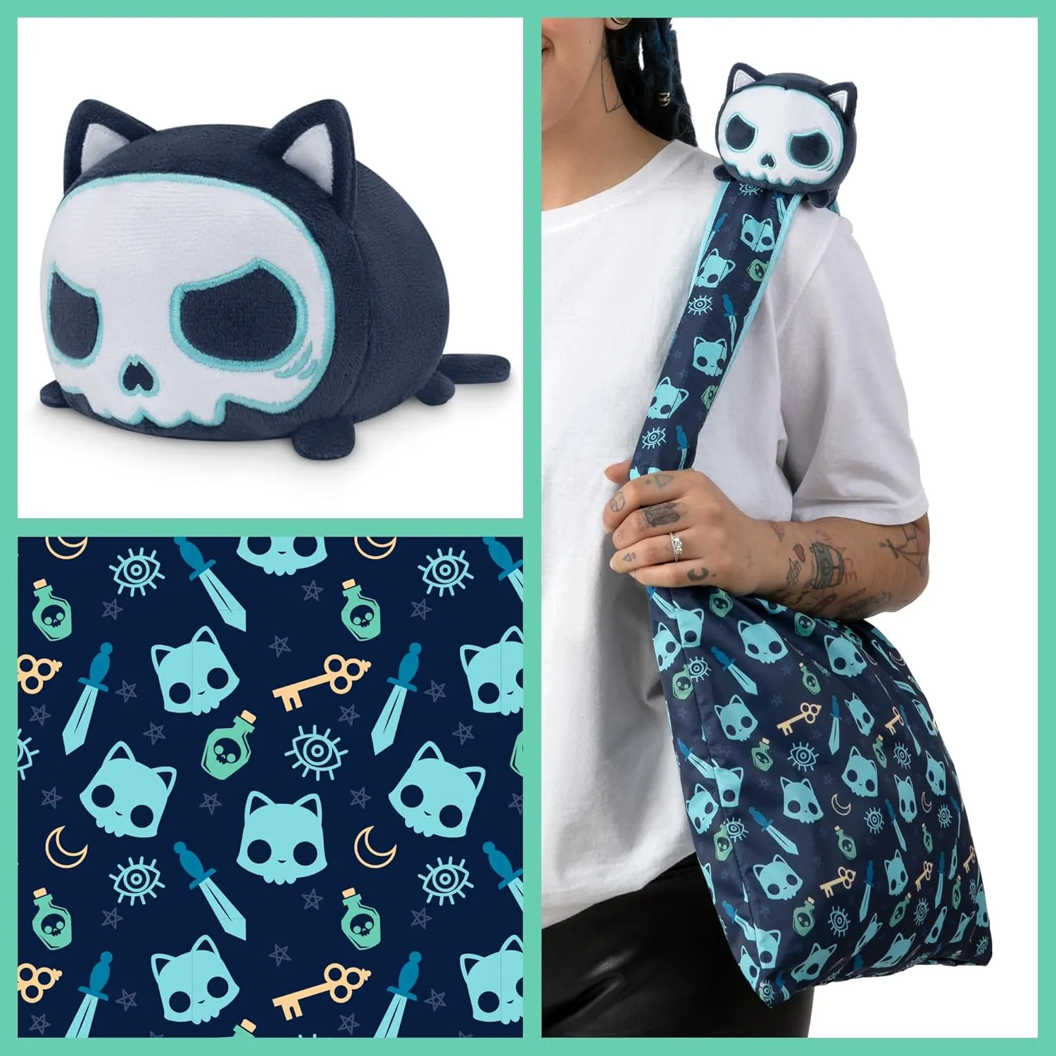 TeeTurtle - Plushie Tote Bag - Dark Blue Skull Cat - from The Creators of The Original Reversible Octopus Plushie - Take Your Plush Pal Wherever You Go!