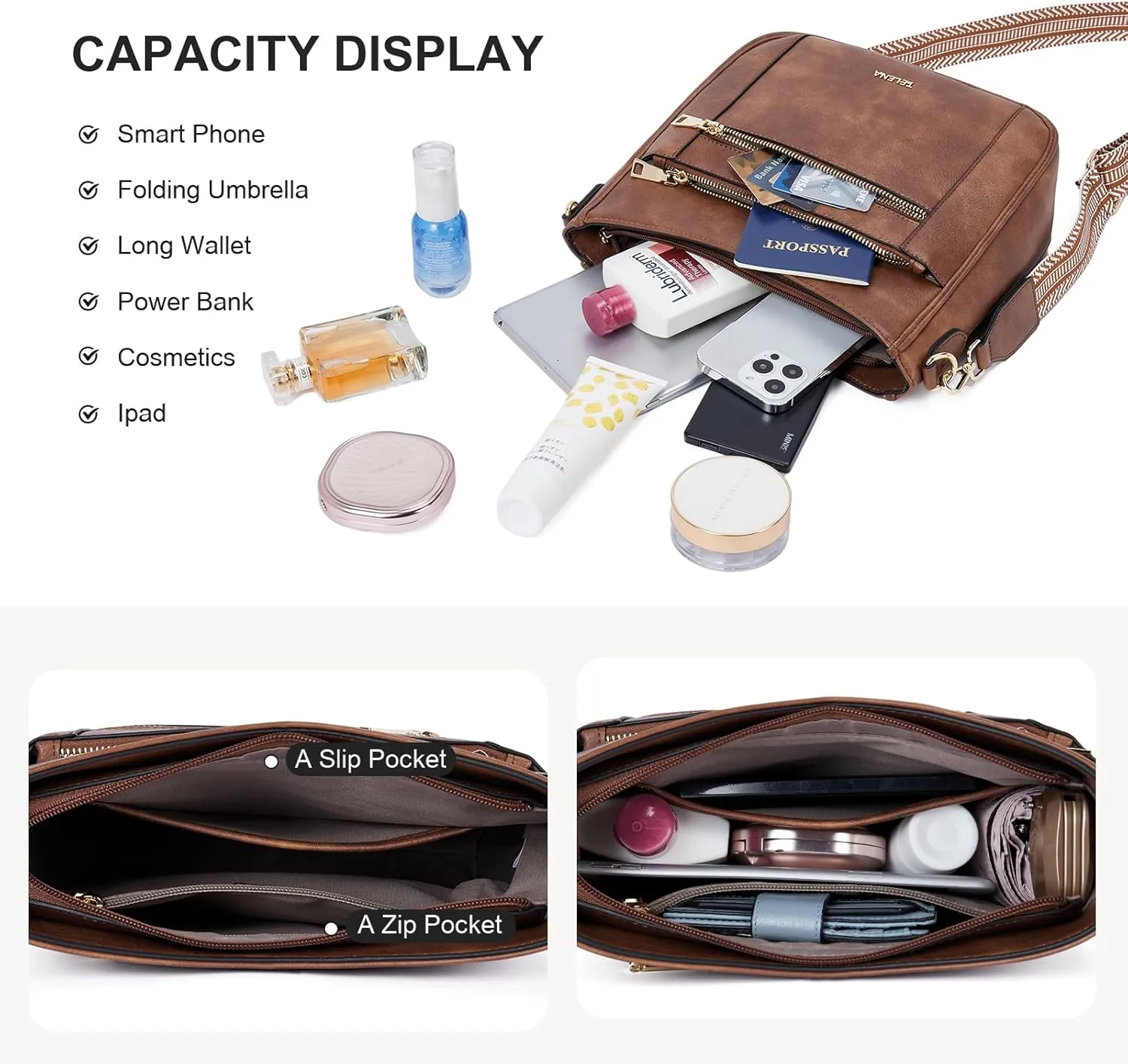 Telena Vegan Leather Crossbody Bags for Women Travel Shoulder Hobo Bag Bucket Large Purse Straps Replacement