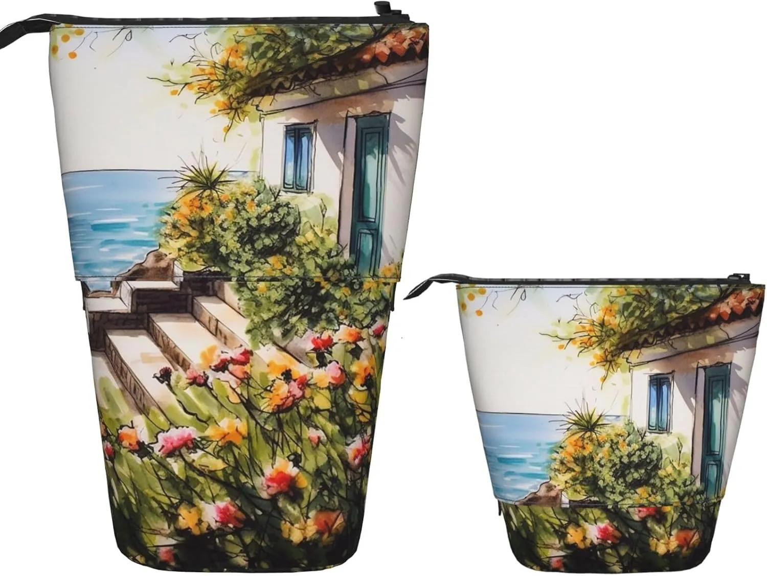 Telescopic Pencil Case Cute Stand Pencil Bag Pop Up Pen Holder Flowers Near House Greek Sea Cosmetics Bags Desk Stationery Case For Office Supplies
