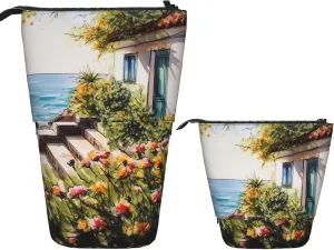 Telescopic Pencil Case Cute Stand Pencil Bag Pop Up Pen Holder Flowers Near House Greek Sea Cosmetics Bags Desk Stationery Case For Office Supplies