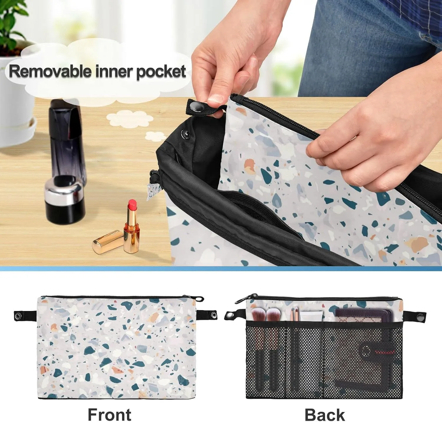 Terrazzo Tone Granite Quartz Marble Glass Mix Women Makeup Bag Handbag Organizer, Cosmetic Toiletry Storage Case Portable Coin Purse, Large Pouch Holder for Ladies Girls S