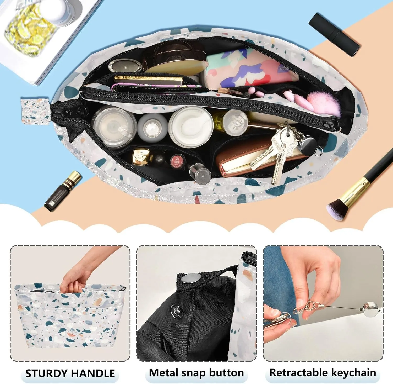 Terrazzo Tone Granite Quartz Marble Glass Mix Women Makeup Bag Handbag Organizer, Cosmetic Toiletry Storage Case Portable Coin Purse, Large Pouch Holder for Ladies Girls S