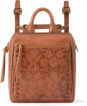 The Sak Loyola Mini Backpack in Leather, Convertible Design with Adjustable Strap, Tobacco Floral Embosseed
