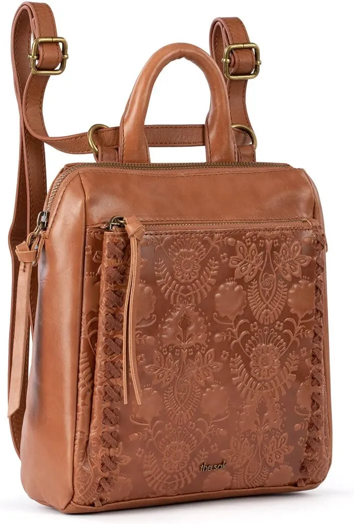 The Sak Loyola Mini Backpack in Leather, Convertible Design with Adjustable Strap, Tobacco Floral Embosseed