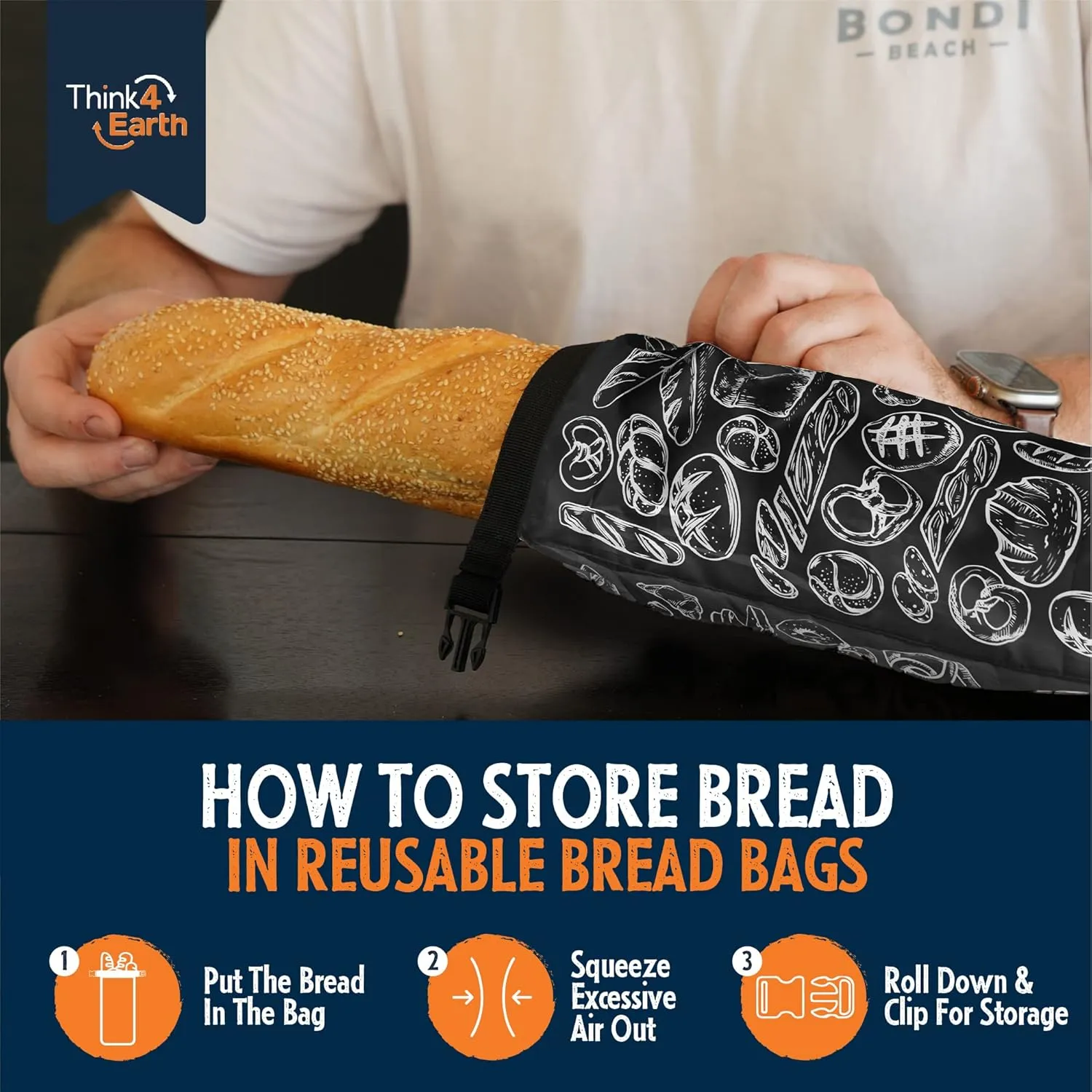 Think4Earth® - 2 Pack Large Baguette Bags for Homemade Bread Loaf, Freezer Storage Bag, Reusable Food Storage Bag, Bread Container, Double Lining