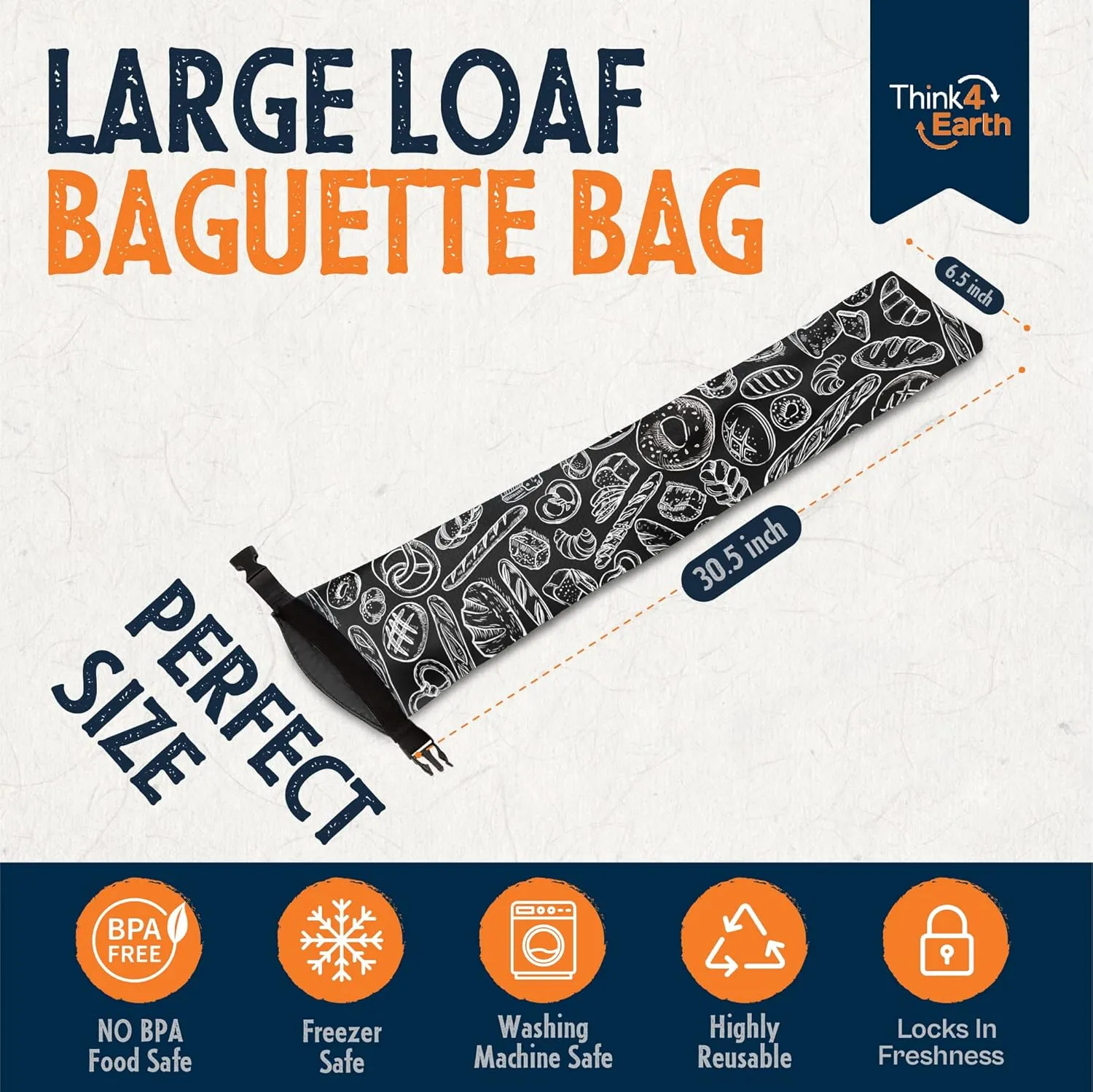 Think4Earth® - 2 Pack Large Baguette Bags for Homemade Bread Loaf, Freezer Storage Bag, Reusable Food Storage Bag, Bread Container, Double Lining