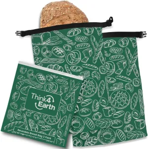 Think4Earth® - 2 Pack Large Bread Bags for Homemade Loaf, Freezer Storage Bag, Bread Container, Reusable Food Storage Bag (Green)