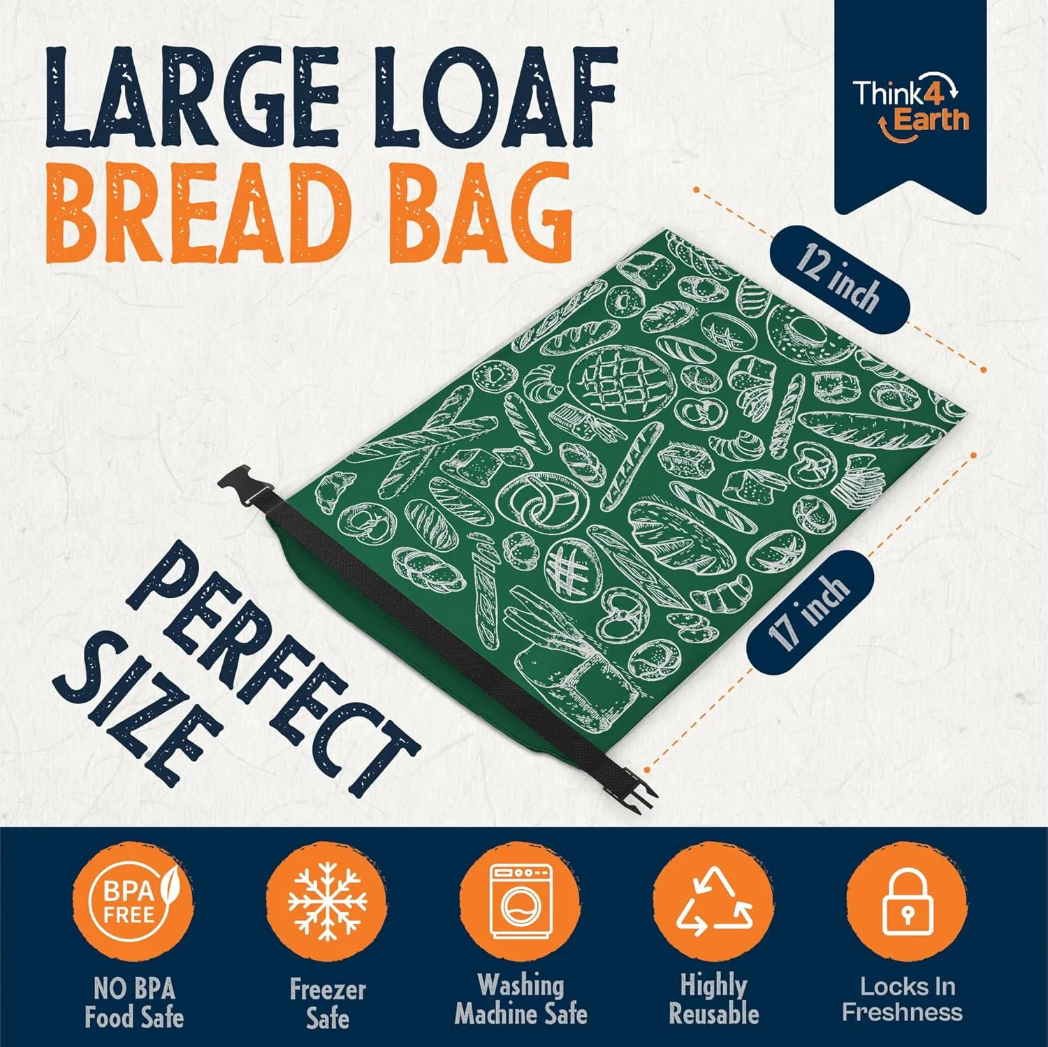 Think4Earth® - 2 Pack Large Bread Bags for Homemade Loaf, Freezer Storage Bag, Bread Container, Reusable Food Storage Bag (Green)