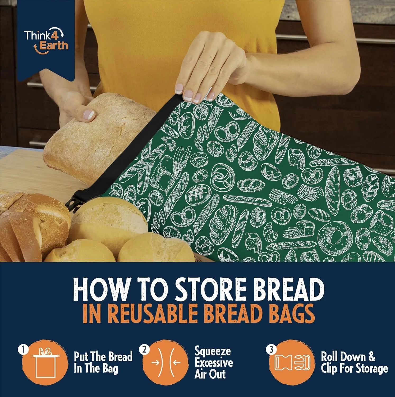 Think4Earth® - 2 Pack Large Bread Bags for Homemade Loaf, Freezer Storage Bag, Bread Container, Reusable Food Storage Bag (Green)