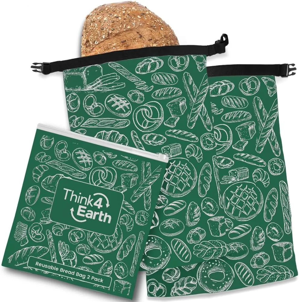 Think4Earth® - 2 Pack Large Bread Bags for Homemade Loaf, Freezer Storage Bag, Bread Container, Reusable Food Storage Bag (Green)
