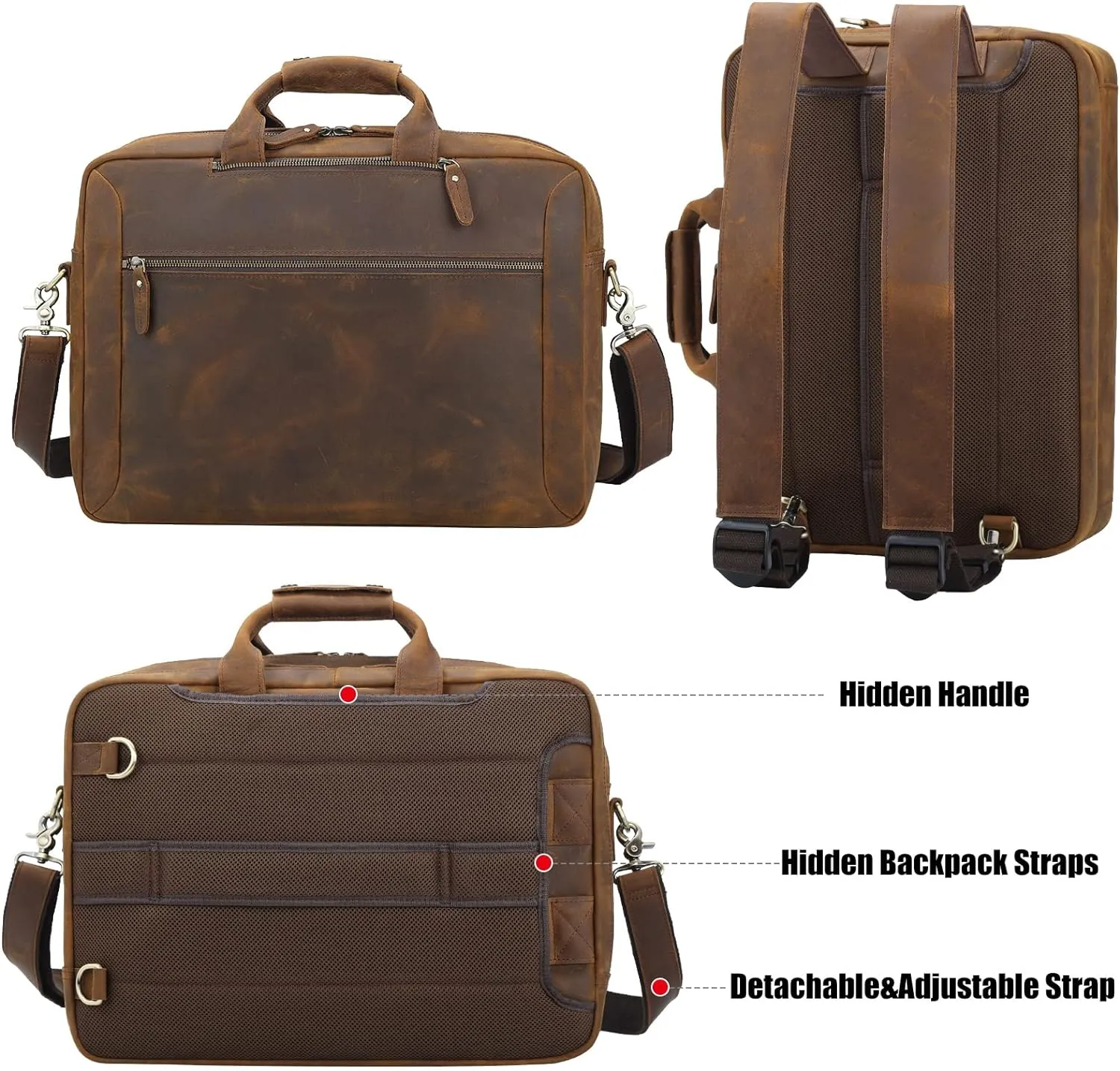 TIDING Leather 15.6" Laptop Backpack Convertible Business Briefcase Crossbody Shoulder Messenger Bag, Brown