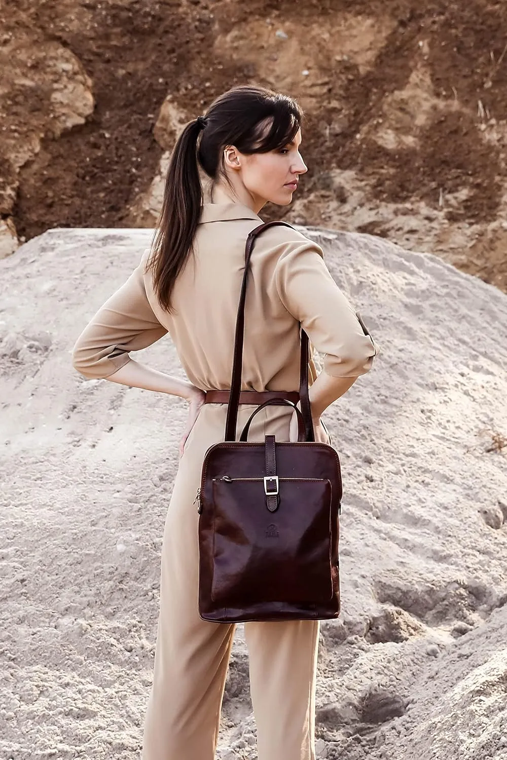 Time Resistance Leather Backpack - Convertible to Shoulder Bag - Full Grain Real Leather Travel Rucksack for Women (Brown)