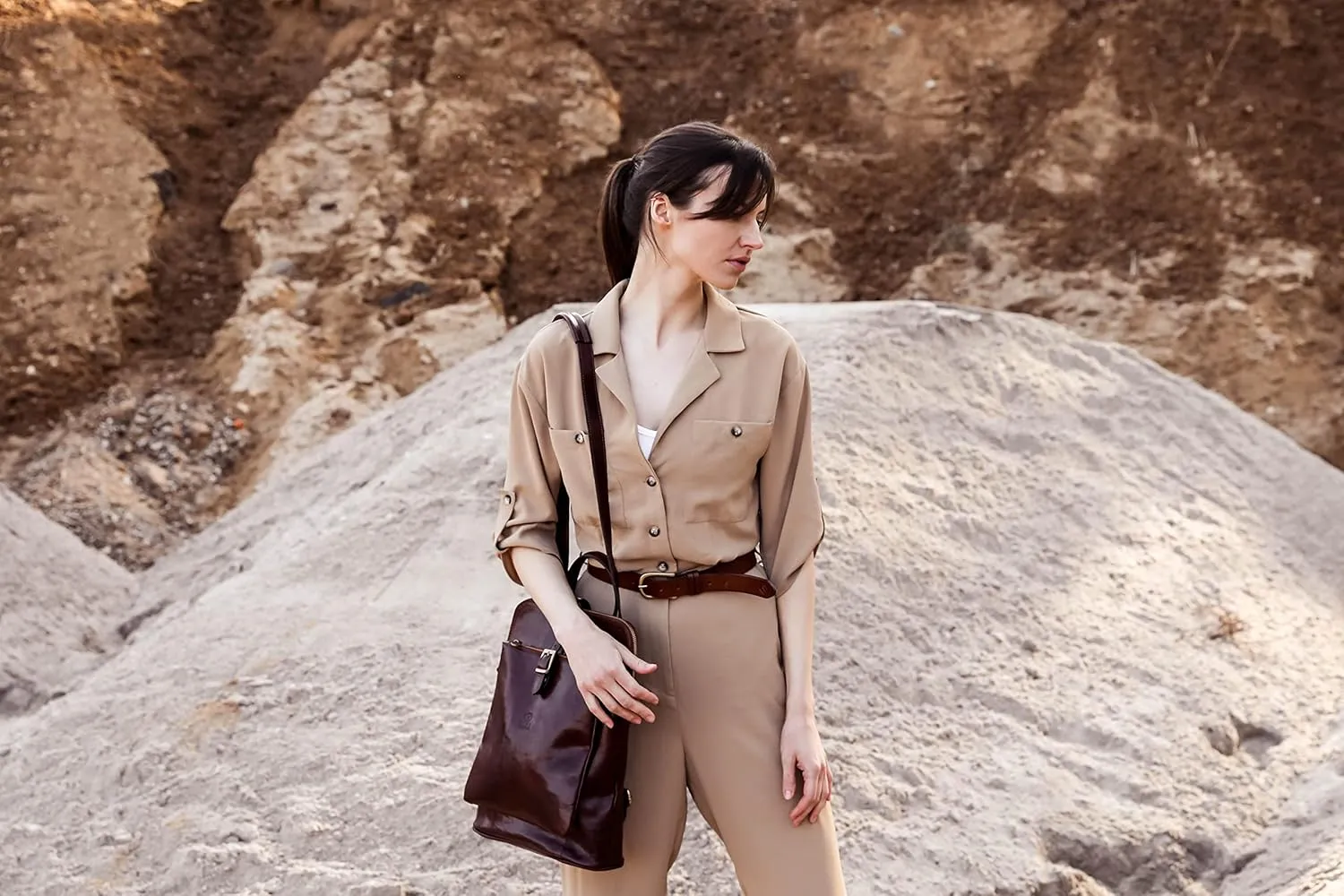 Time Resistance Leather Backpack - Convertible to Shoulder Bag - Full Grain Real Leather Travel Rucksack for Women (Brown)
