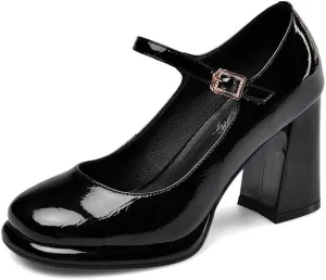 TinaCus Women's Patent Leather Rouns Toe Handmade Buckle Belt High Chunky Heel Trendy Pumps Shoes