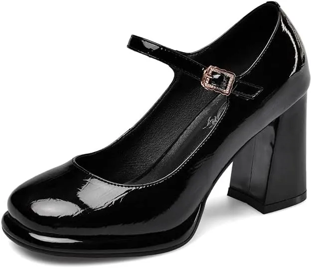 TinaCus Women's Patent Leather Rouns Toe Handmade Buckle Belt High Chunky Heel Trendy Pumps Shoes