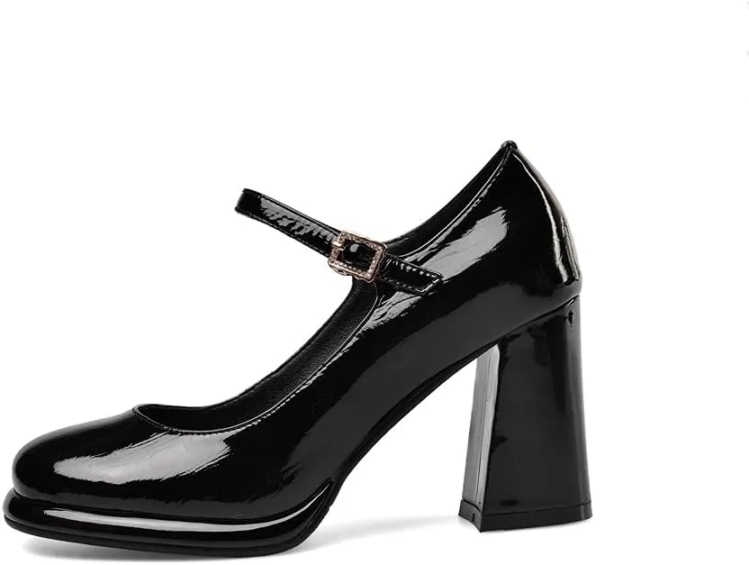 TinaCus Women's Patent Leather Rouns Toe Handmade Buckle Belt High Chunky Heel Trendy Pumps Shoes