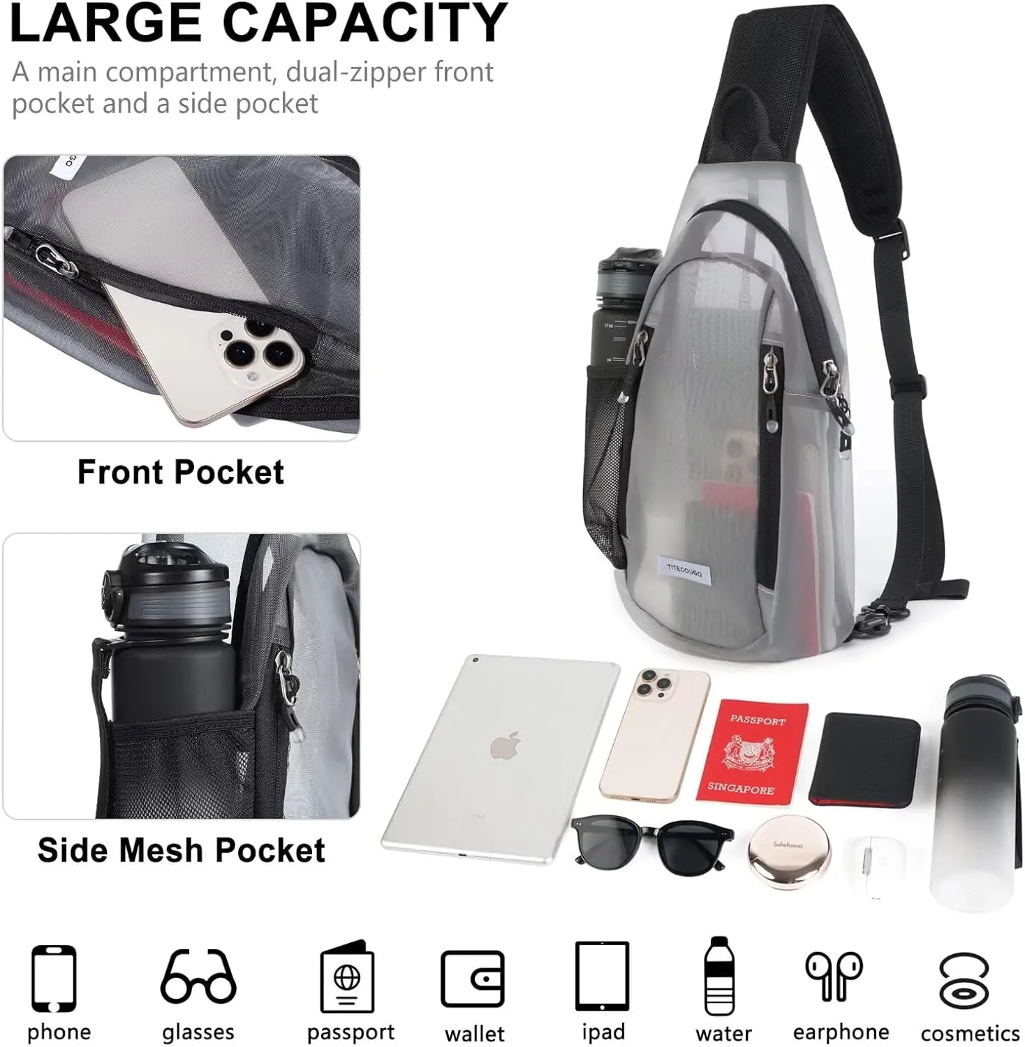 TITECOUGO Clear Sling Bag Clear Bag for Stadium Events Crossbody Daypack for Women Men Shoulder Backpack Transparent Casual Daypack for Concerts Sport Dark Grey