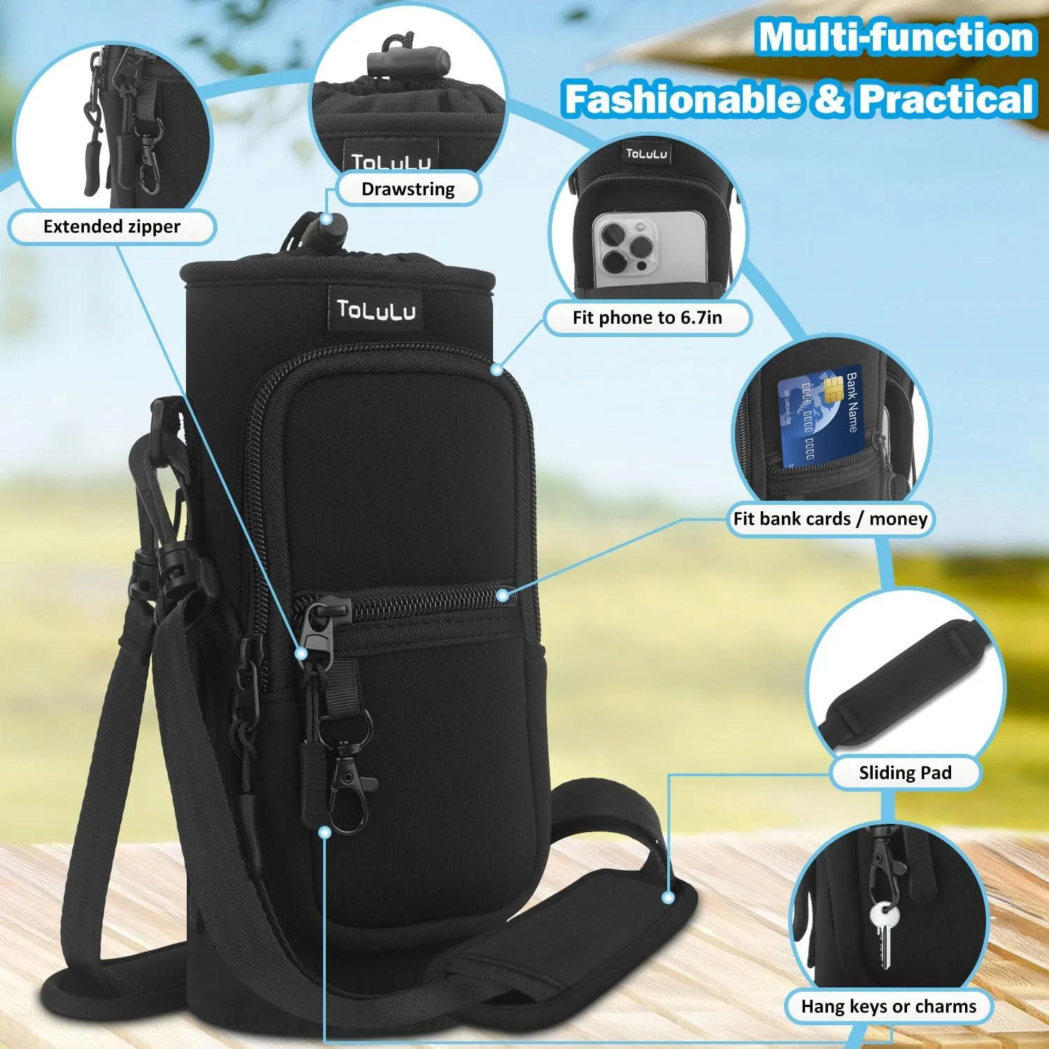 ToLuLu 25/32/40oz Water Bottle Carrier Bag Pocket,Insulated Neoprene Adjustable Shoulder Strap Water Bottle Pouch Case, Crossbody Water Bottle Holder Sling Sleeve for Men Women Adults