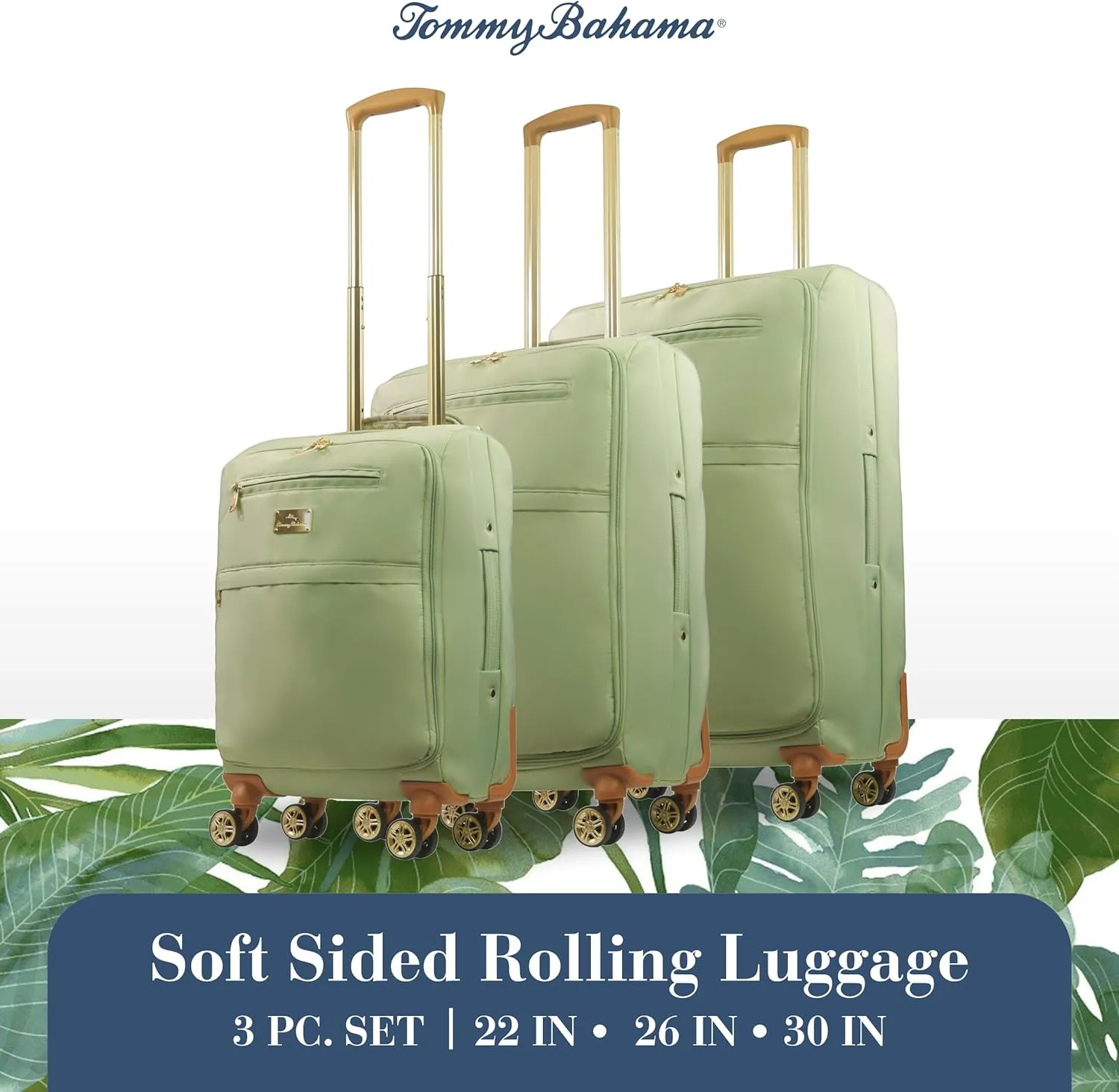 Tommy Bahama Rolling Luggage, Soft-Sided Suitcases with Wheels, 22, 26, and 30 Inch, Sage, 3 Piece Set