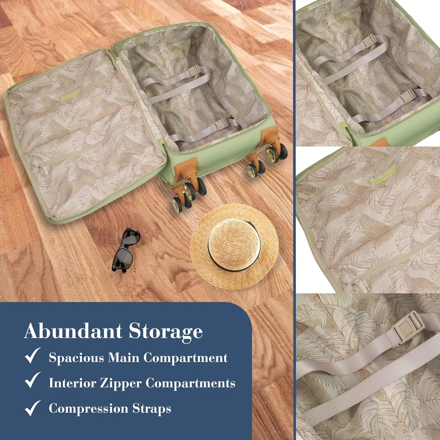 Tommy Bahama Rolling Luggage, Soft-Sided Suitcases with Wheels, 22, 26, and 30 Inch, Sage, 3 Piece Set