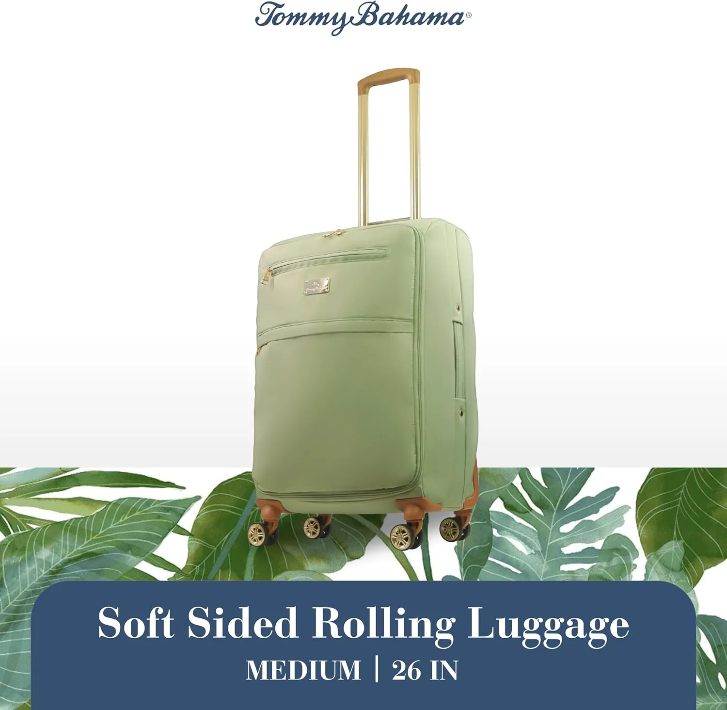 Tommy Bahama Rolling Luggage, Soft Sided Suitecase with Spinner Wheels, Sage, 26 Inch