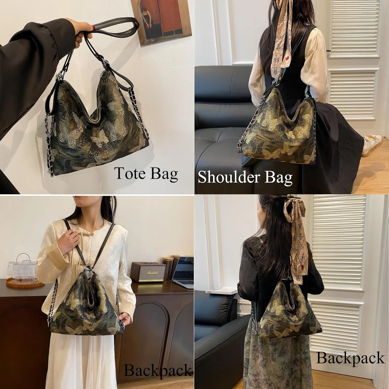 Tote Bag, Big Capacity Hobo Shoulder Handbag, Floral Satchel Purse Convertible Backpack