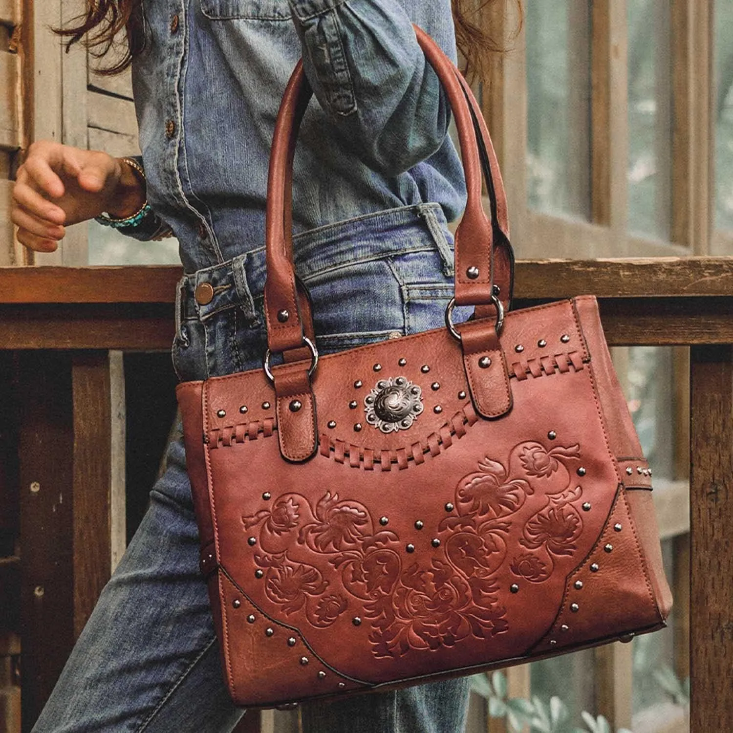 Tote Bag for Women Large Western Purse Ladies Top Handle Shoulder Handbags Vintage Embossed Concho Studs