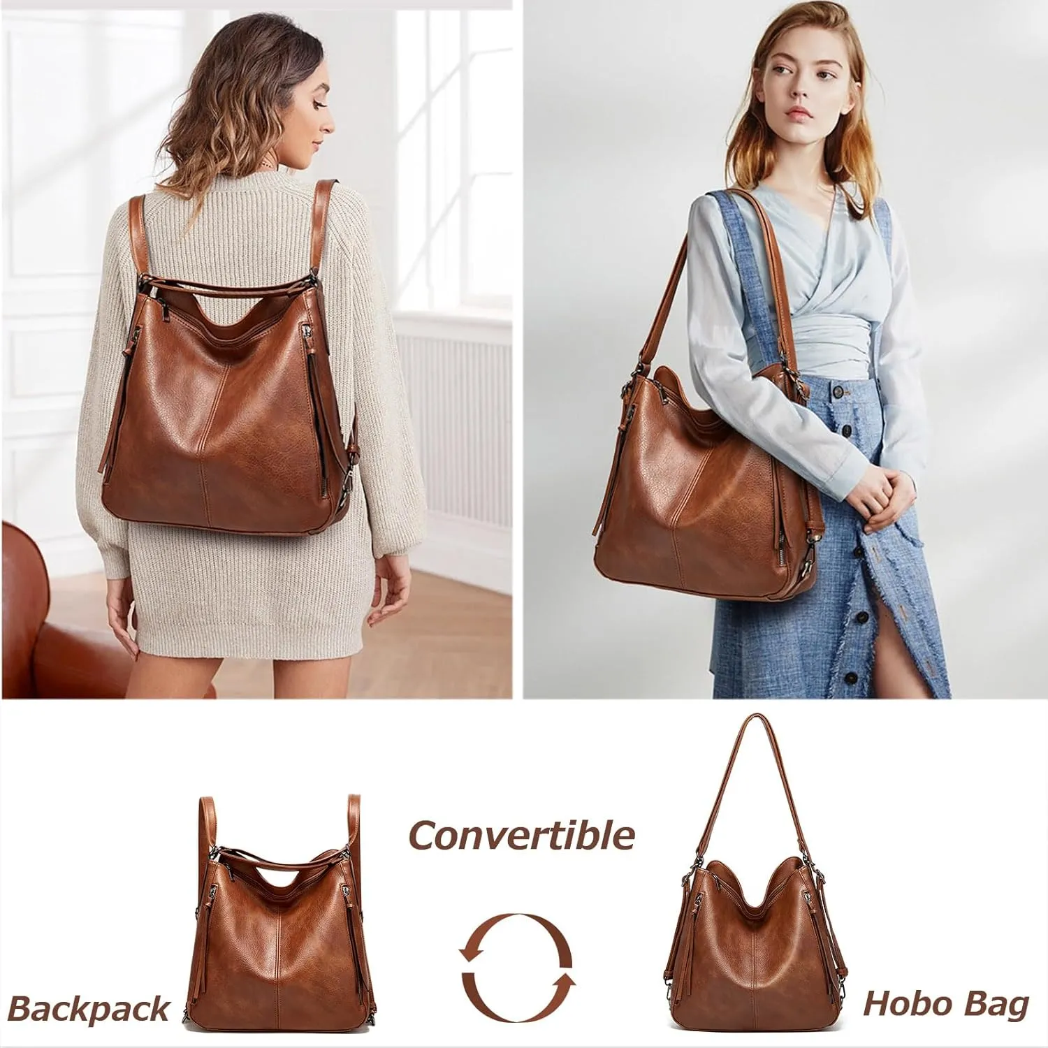 Tote Handbags for Women Convertible Backpack Purses PU Leather Hobo Bags Crossbody Shoulder Bag Satchel Purse Set 3pcs