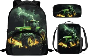 Tractor Backpacks Set with Lunch Box Pencil Case Lightweight Book Bags for Little Boys Kindergarten 3 PCS Set School Back Pack for Kids Picnic or Travel Camping