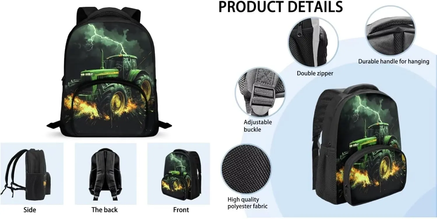 Tractor Backpacks Set with Lunch Box Pencil Case Lightweight Book Bags for Little Boys Kindergarten 3 PCS Set School Back Pack for Kids Picnic or Travel Camping
