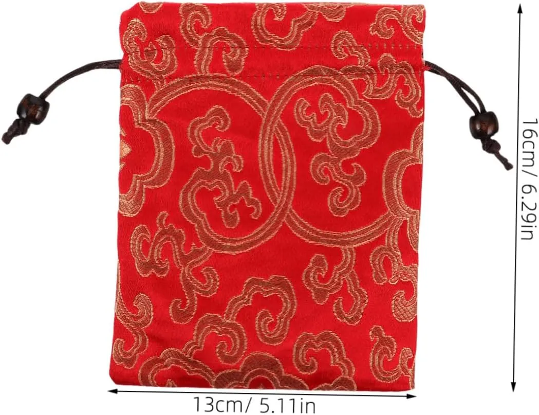 Traditional Silk Drawstring Bag Chinese Embroidered Jewelry Pouch for Singing Bowls Prayer Beads Red 13x16