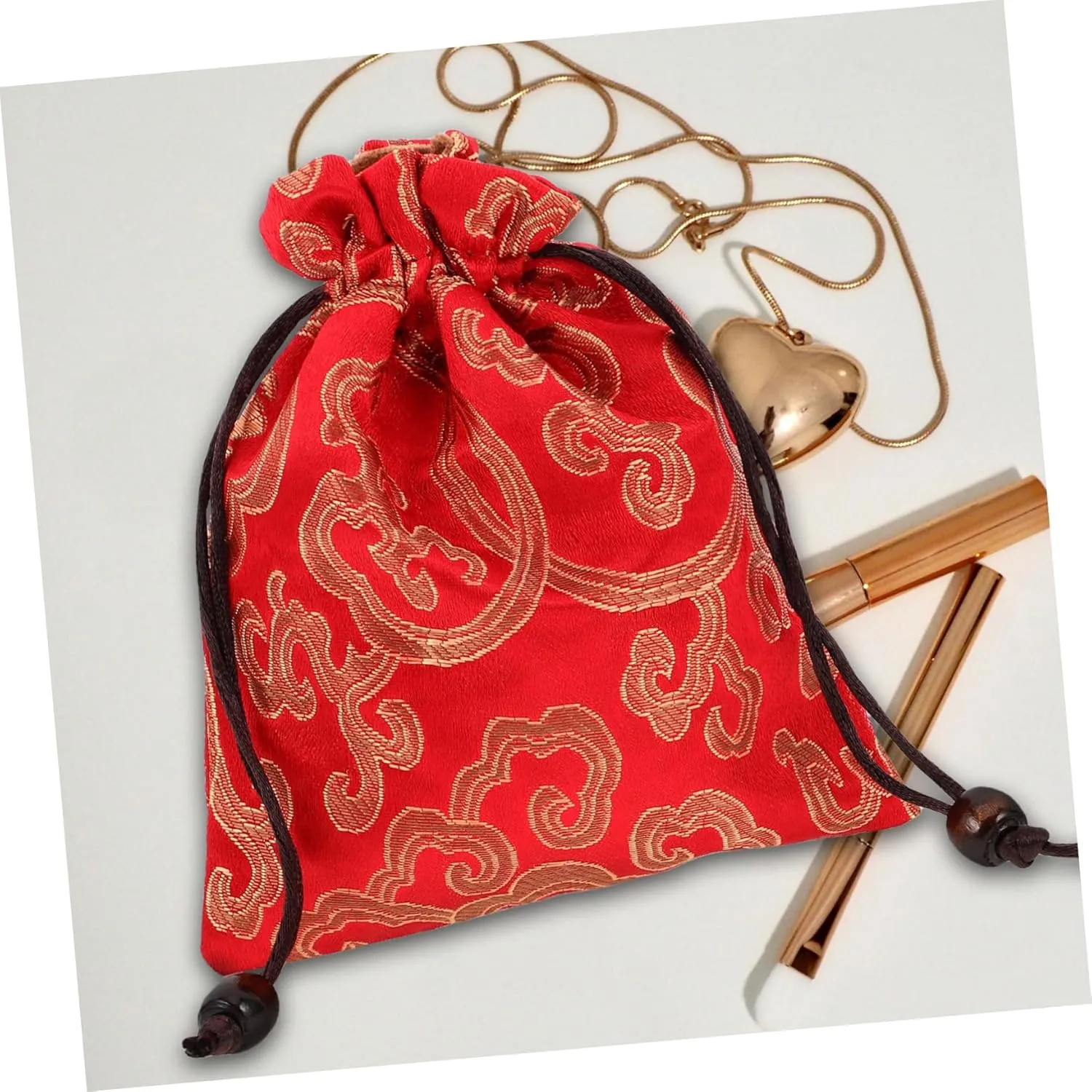 Traditional Silk Drawstring Bag Chinese Embroidered Jewelry Pouch for Singing Bowls Prayer Beads Red 13x16