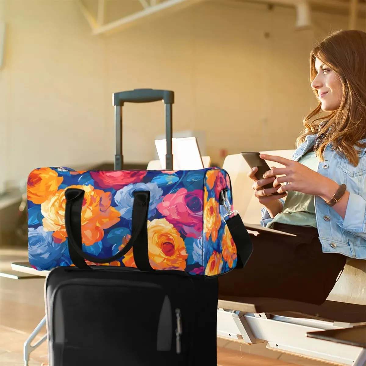 Travel Duffle Bag Floral Print Gym Bags for Men Women Travel Duffel Bags with Adjustable Shoulder Strap Carry On Weekender Bag