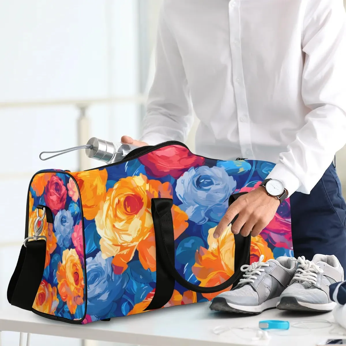 Travel Duffle Bag Floral Print Gym Bags for Men Women Travel Duffel Bags with Adjustable Shoulder Strap Carry On Weekender Bag