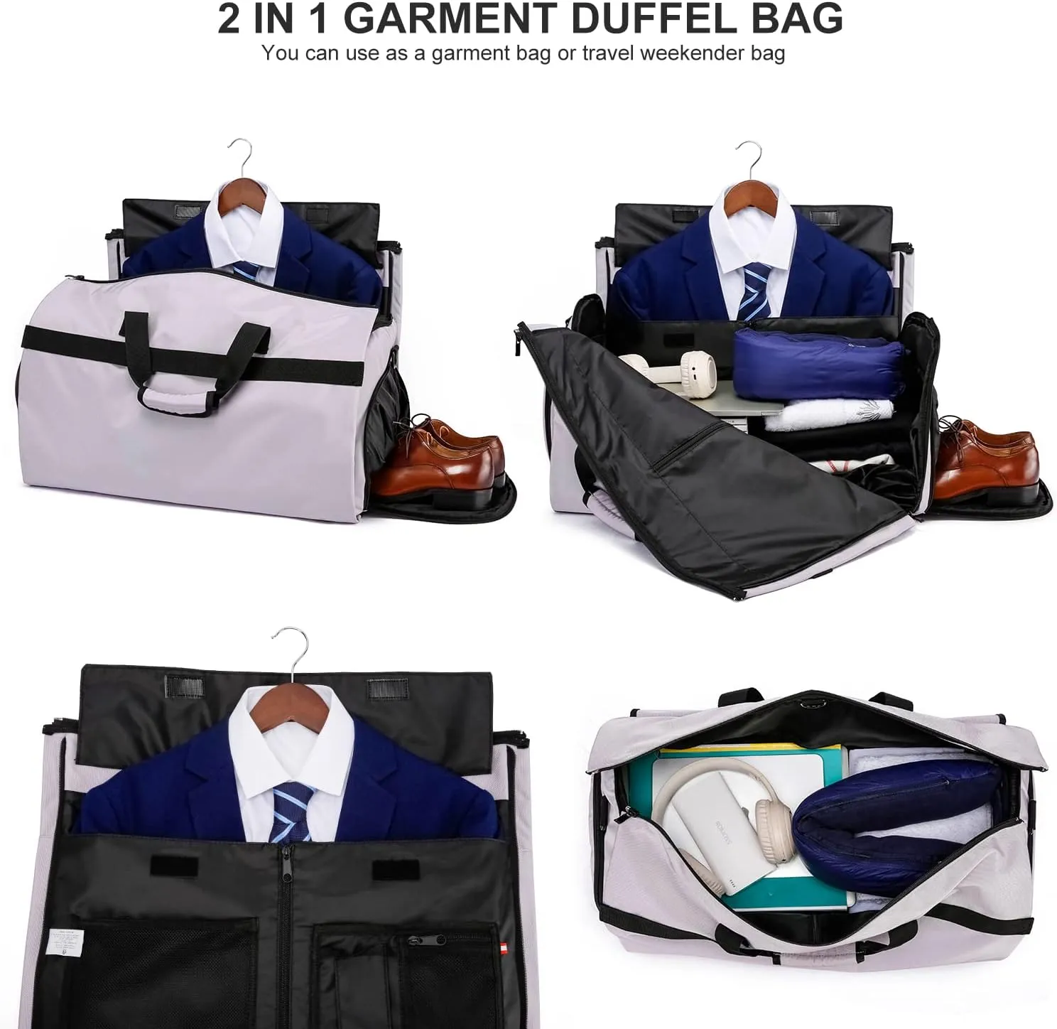 Travel Garment Bag Suit Bags for Men with Shoulder Strap & Shoes Compartment, Water Resistant Carry On Garment Duffle Bag - 2 in 1 Hanging Suit Garment Bags for Travel, Grey