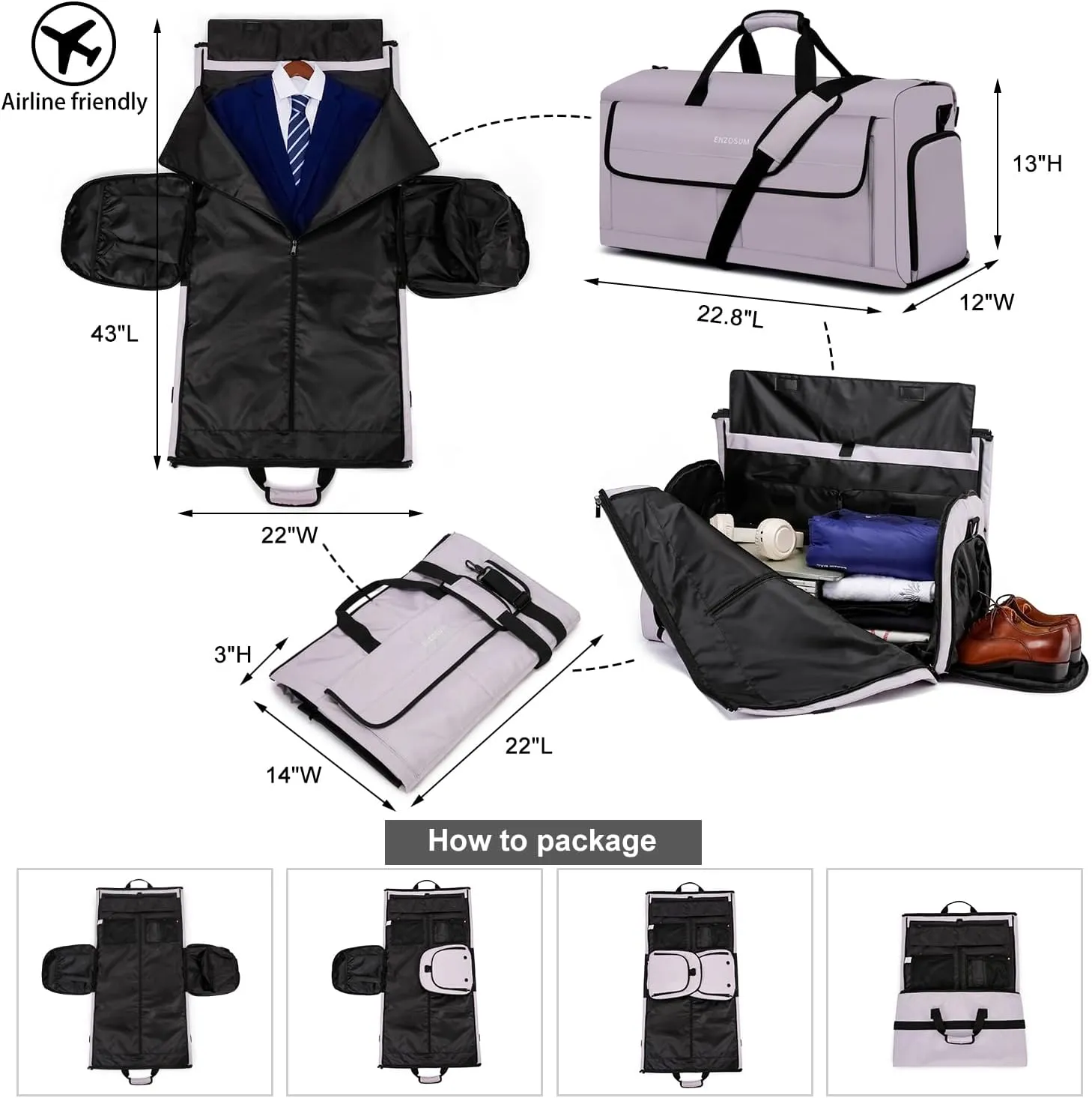 Travel Garment Bag Suit Bags for Men with Shoulder Strap & Shoes Compartment, Water Resistant Carry On Garment Duffle Bag - 2 in 1 Hanging Suit Garment Bags for Travel, Grey