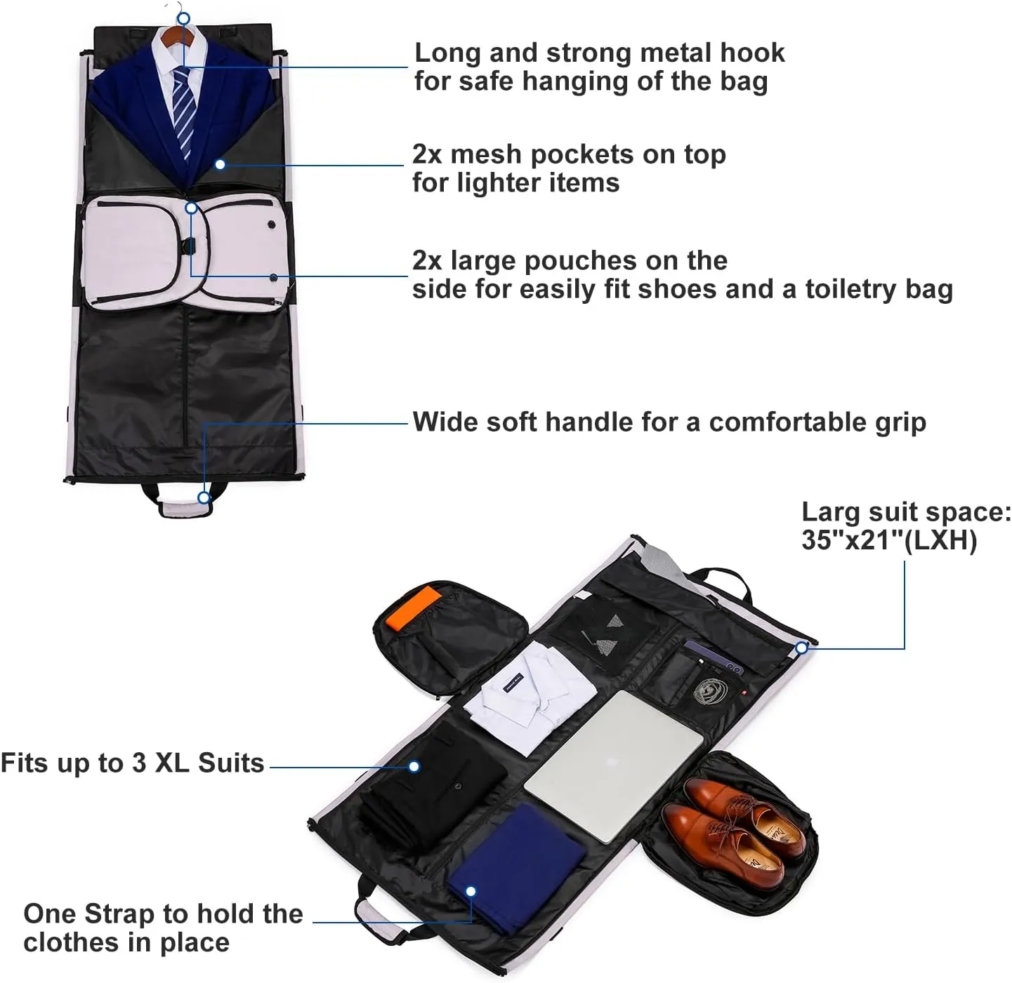 Travel Garment Bag Suit Bags for Men with Shoulder Strap & Shoes Compartment, Water Resistant Carry On Garment Duffle Bag - 2 in 1 Hanging Suit Garment Bags for Travel, Grey