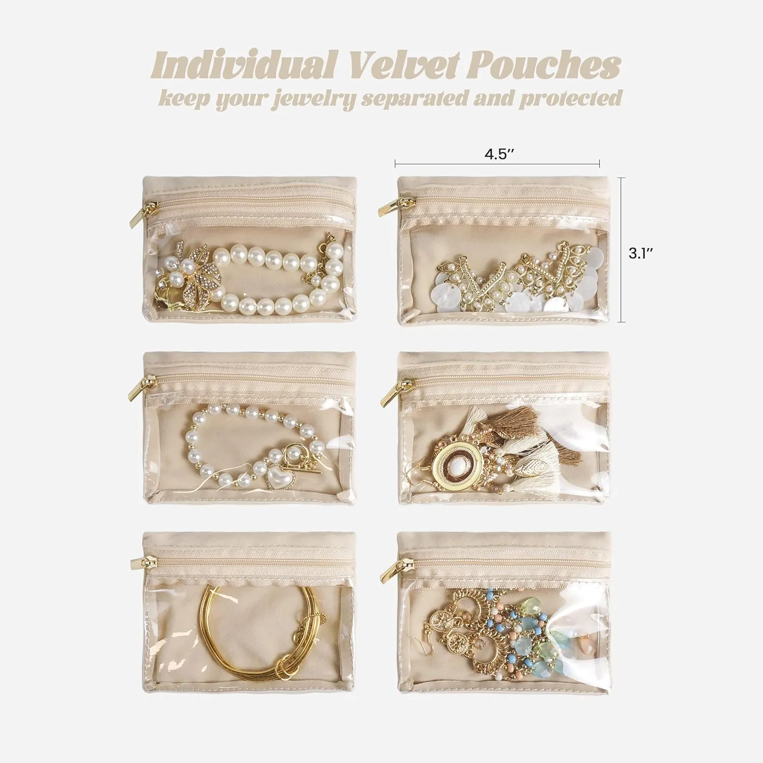 Travel Jewelry Case, Small Travel Jewelry Box with 6 Velvet Jewelry Bag Mini Pouch, Portable Travel Jewelry Organizer for Rings Earrings Necklaces, Beauty Gifts for Women Girls (Beige)