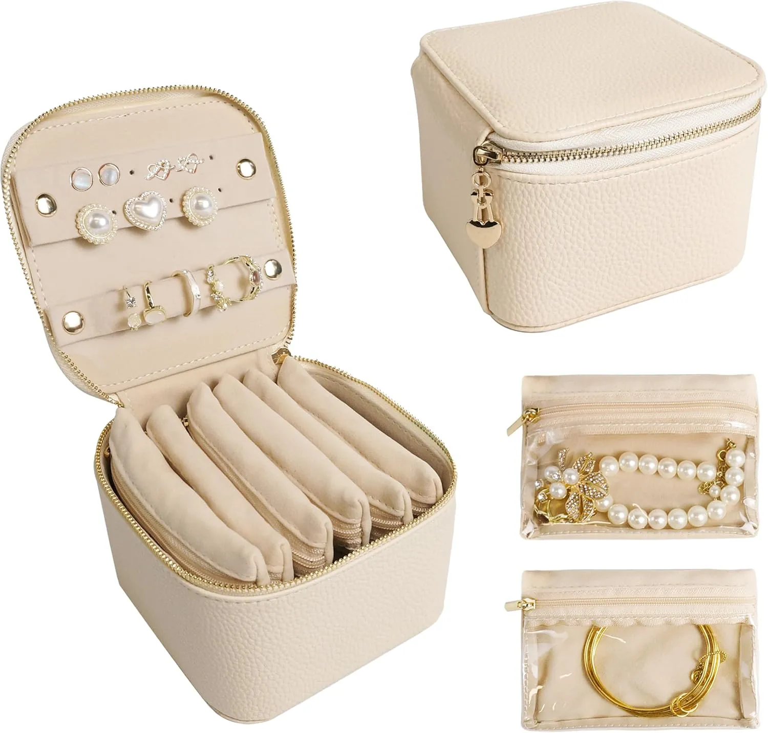 Travel Jewelry Case, Small Travel Jewelry Box with 6 Velvet Jewelry Bag Mini Pouch, Portable Travel Jewelry Organizer for Rings Earrings Necklaces, Beauty Gifts for Women Girls (Beige)
