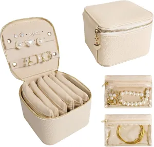 Travel Jewelry Case, Small Travel Jewelry Box with 6 Velvet Jewelry Bag Mini Pouch, Portable Travel Jewelry Organizer for Rings Earrings Necklaces, Beauty Gifts for Women Girls (Beige)