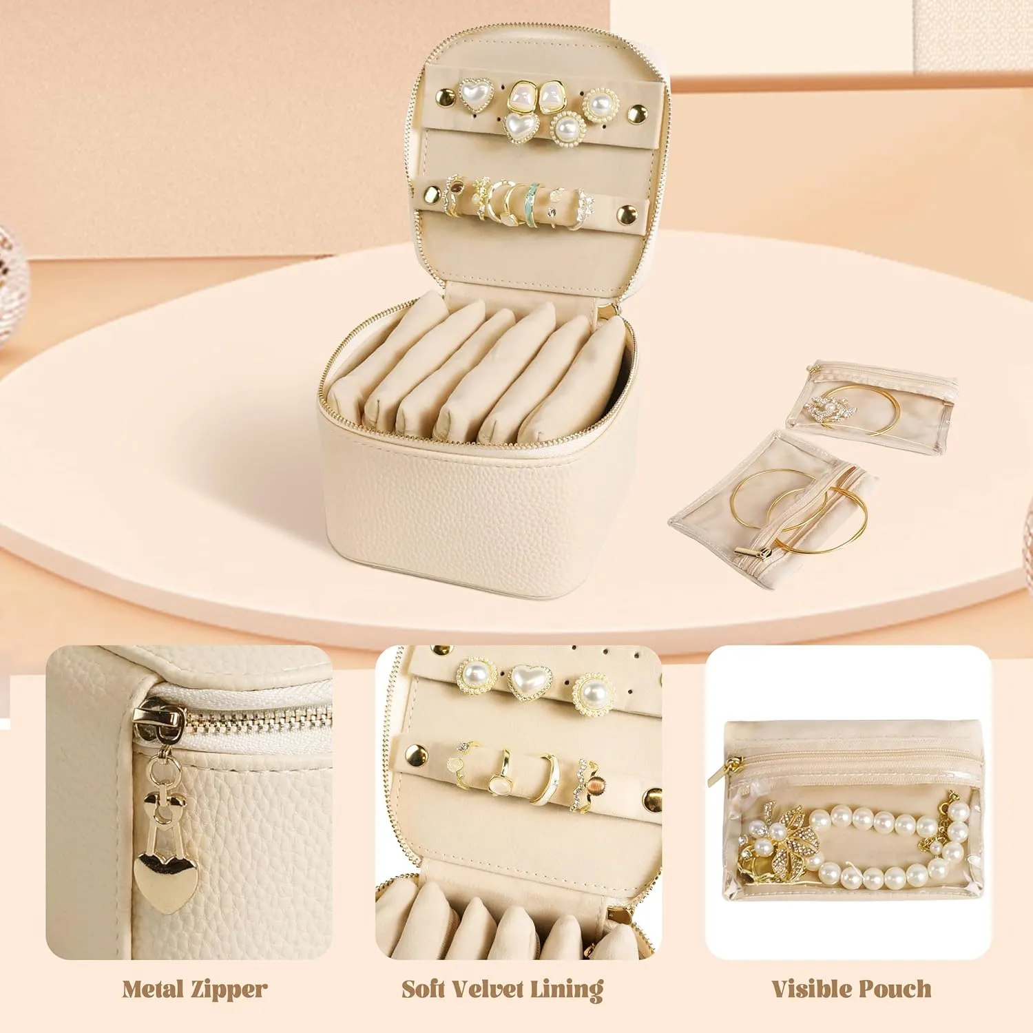 Travel Jewelry Case, Small Travel Jewelry Box with 6 Velvet Jewelry Bag Mini Pouch, Portable Travel Jewelry Organizer for Rings Earrings Necklaces, Beauty Gifts for Women Girls (Beige)